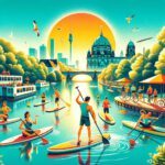Lebhafte Illustration von Menschen, die auf Stand-Up-Paddle-Boards und Fahrrädern entlang der Spree in Berlin aktiv sind, mit der Berliner Skyline im Hintergrund.