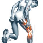 Illustration einer Sportlerin, die einen Muskelkrampf im Bein erleidet, mit hervorgehobenen Schmerzbereichen.
