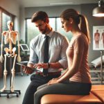 Ein Physiotherapeut erklärt einer Patientin mithilfe eines Tablets den Behandlungsablauf in einer modernen Praxis.