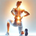 Illustration einer Person, die eine Kniebeuge macht, mit hervorgehobenen Wirbelsäulen- und Gelenkbereichen, die auf Schmerzpunkte im unteren Rücken und in den Gelenken hinweisen.