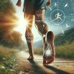 Barfußläufer mit visualisierten biomechanischen Vorteilen und Fußmuskulatur auf einem Waldweg.