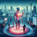 Zukunftsvision der Physiotherapie mit einem hochentwickelten Androiden, der in einem interaktiven Lernzentrum in einer futuristischen Stadt steht.