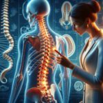 Illustration einer Physiotherapeutin, die ein anatomisches Modell des menschlichen Skeletts untersucht, mit Fokus auf die Wirbelsäule.