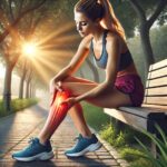 Frau mit Sportkleidung sitzt auf einer Parkbank und massiert ihre schmerzende Wade und das Schienbein