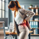 Eine Geschäftsfrau, die in einem Büro steht und ihren unteren Rücken vor Schmerzen hält.