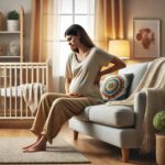 Schwangere Frau sitzt auf einem Sofa und hält ihren unteren Rücken aufgrund von Schmerzen, in einem gemütlich eingerichteten Wohnzimmer mit Babybett.