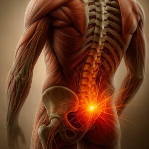 Anatomische Illustration des unteren Rückens mit Fokus auf das Iliosakralgelenk (ISG) und hervorgehobener Schmerzregion.