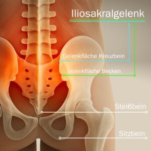 Anatomische Darstellung des Iliosakralgelenks (ISG) mit markierten Gelenkflächen von Kreuzbein und Becken sowie weiteren Knochenstrukturen wie Steißbein und Sitzbein.