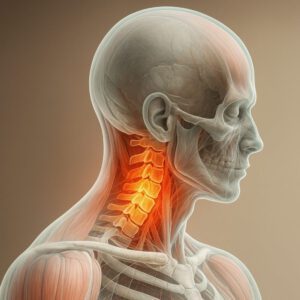 Anatomische Darstellung der Halswirbelsäule mit hervorgehobenen Wirbeln und umliegender Muskulatur.
