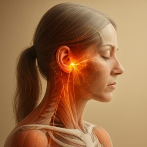 Medizinische Visualisierung einer Frau mit hervorgehobenen Nervenbahnen im Bereich des Ohrs und Halses, symbolisch für Tinnitus und nervale Reizweiterleitung.